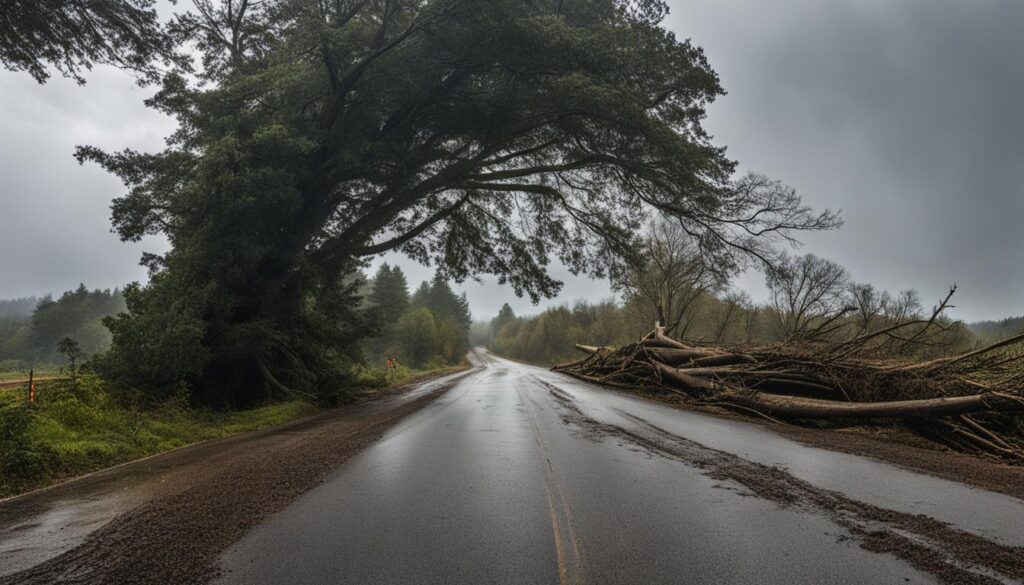 fallen tree blocking road